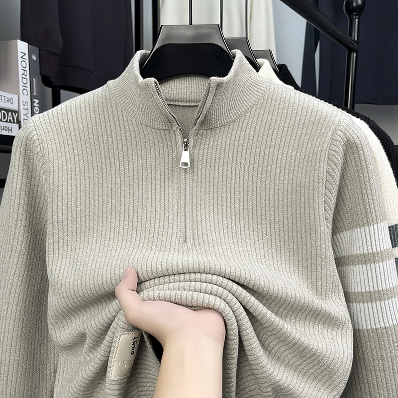 

Мужской зимний свитер с воротником-стойкой на молнии, модный, повседневный, теплый, с полувысоким воротником, вязаный свитер с длинными рукавами
