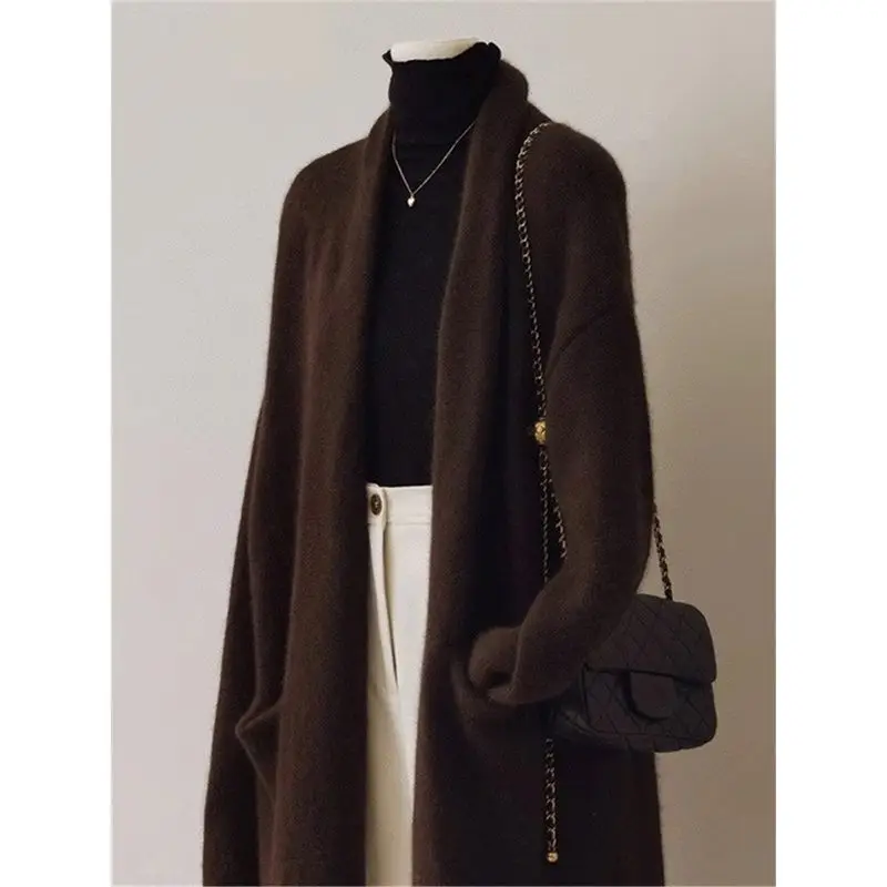 Advanced Brown Medium Long Knitted Cardigan For Women In Autumn And Winter, Gentle And Loose, Lazy Style Sweater Jacket