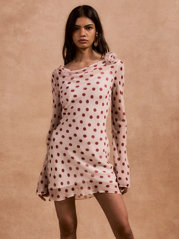 Absobe Dames Pure Chiffon Polka Dot Mini-jurk Swing Hals Lange Mouw Sexy Backless Stropdas Slanke Korte Jurk Y2K Partywear Outfit