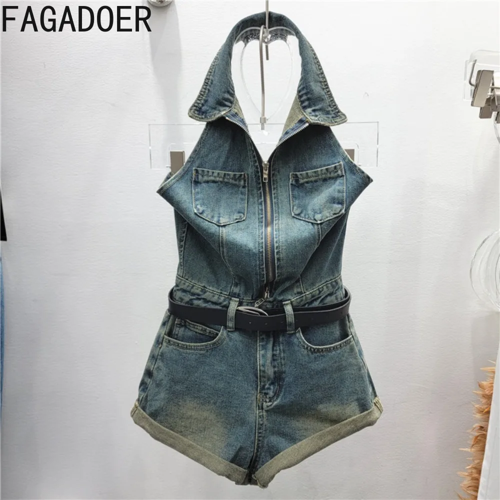 FAGADOER Fashion Y2K Street Hot Girl Jeans Rompers Women Halter Zipper Sleeveless Bodycon Jumpsuits Female Denim Overalls 2024