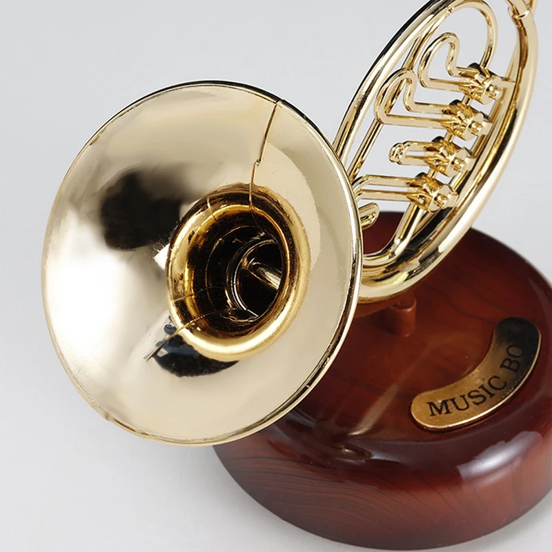 French Horn Music Box Classical Wind Up Twirling Music Box Rotating Base Brass Wind Instrument Miniature Artware Gift