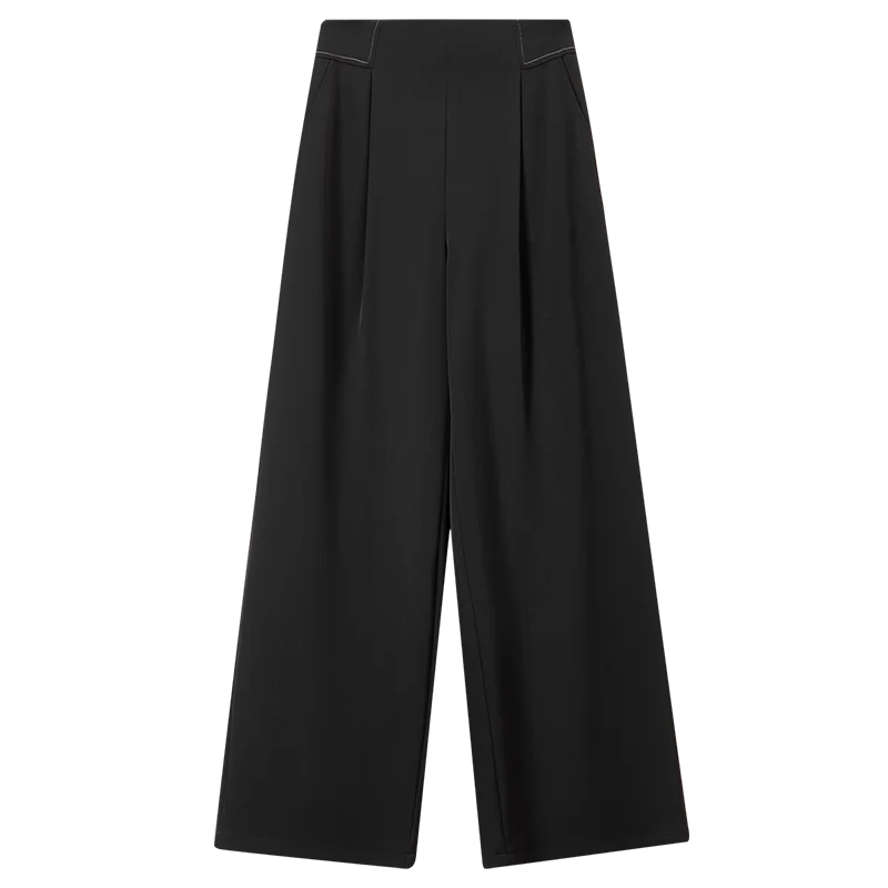 SENTUBILA 女性ドレープブラックワイドレッグパンツオフィスレディ構造プリーツロングパンツ 2025 春秋服 151K57631