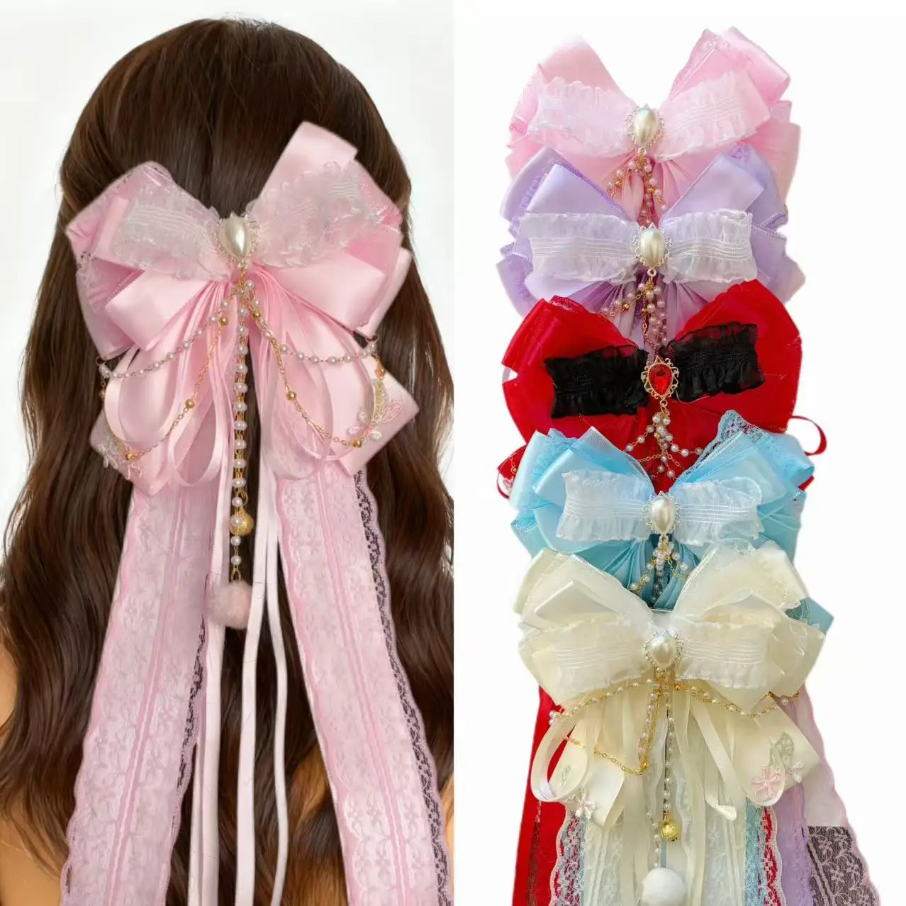 

Handmade Lolita Style Hair Clip, Ethereal Long Ribbon Hairpin, Faux Pearl Accented Hanfu & Japanese Style Hair Accessory