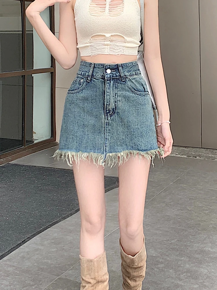 

2024 Summer New Denim Short Skirt Vintage Tassels Slimming Denim Versatile Wrap Hip Skirts Solid Color Fashion Women's Clothing