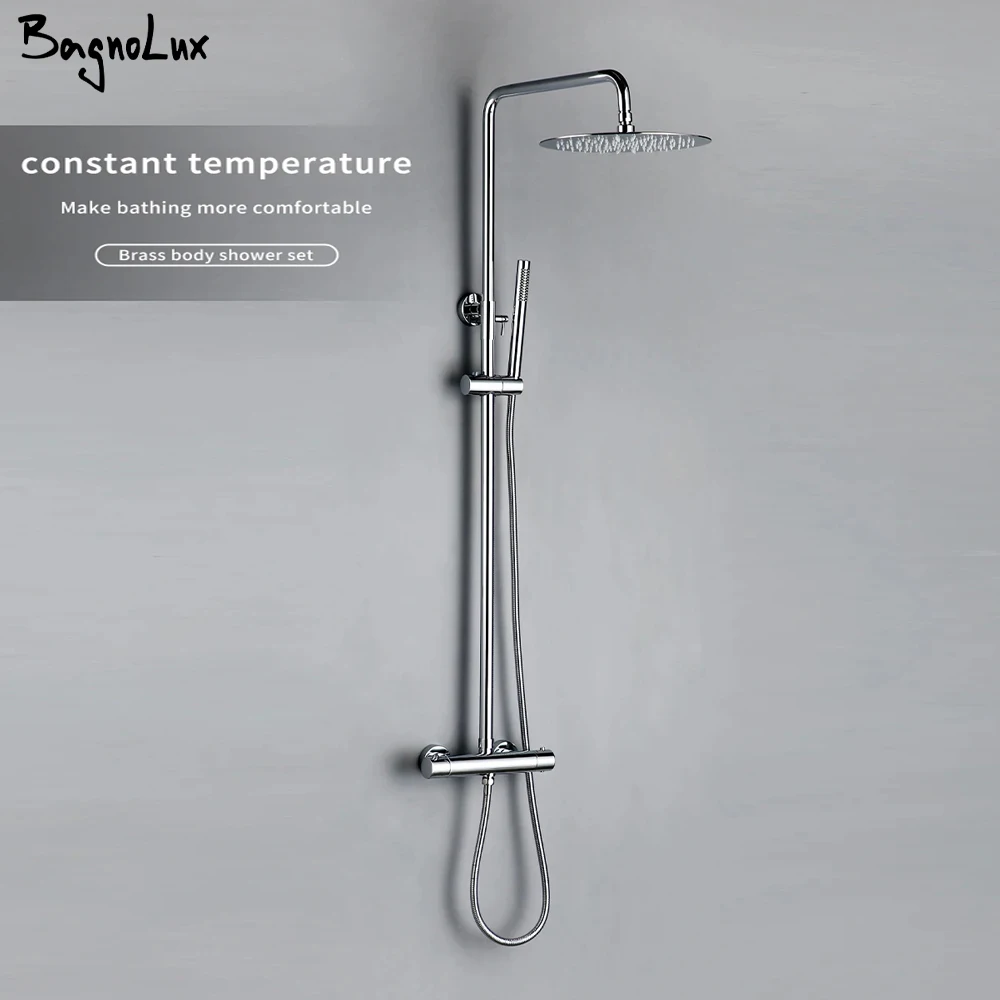 Thermostat Shower Mixer Valve Set Bathroom Thermostatic Faucet Wall Mount Arm Diverter With Handheld Spray & Rain Head