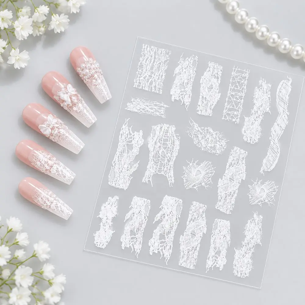INS Trendy White Lace Nail Stickers 5D Embossed Self Adhesive Decals Influencer Style Nail Art Decorations for Women Party Daily
