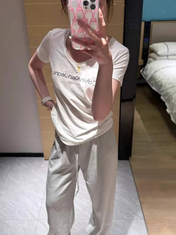 Pantalones informales de pierna ancha y cintura baja para mujer, pantalón fino, holgado, deportivo, para caminar, coreano, Bla, rayas blancas, corte holgado, novedad de verano