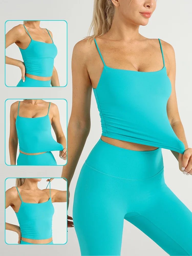 Summer Women Fashion Solid Color Suspender Tops Pleats Women Breathable Gym Push Up Workout Running Sports Yoga Clothing