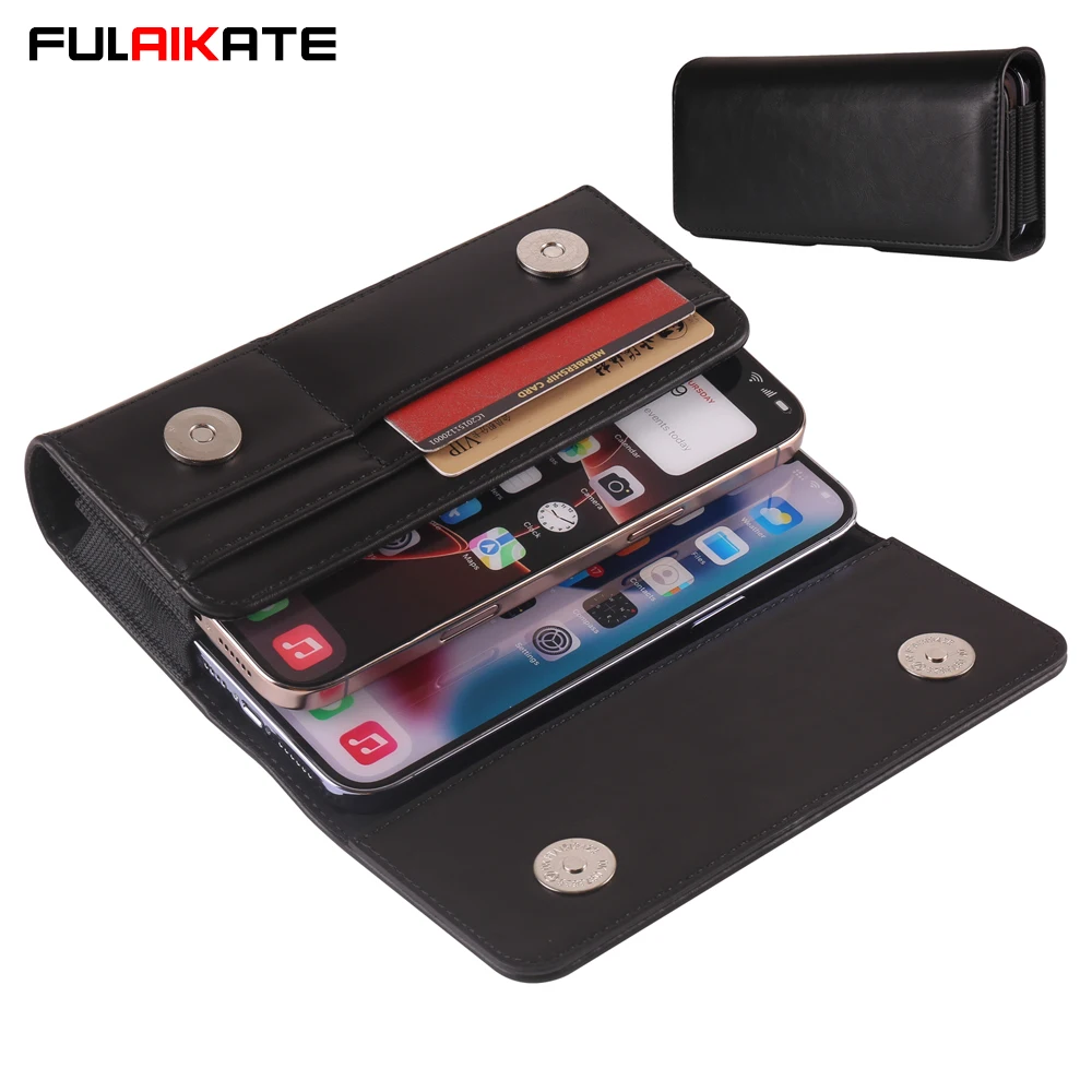 High Grade Dual Layer Horizontal Waist Phone Bag for iPhone 16 Pro Max Men's Card Leather Pouch for Samsung S24 Ultra 6.7