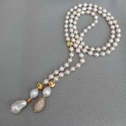 KKGEM 15x22mm  White Keshi Pearl cz beads connector   8-9mm near round Freshwater Cultured pearl 40