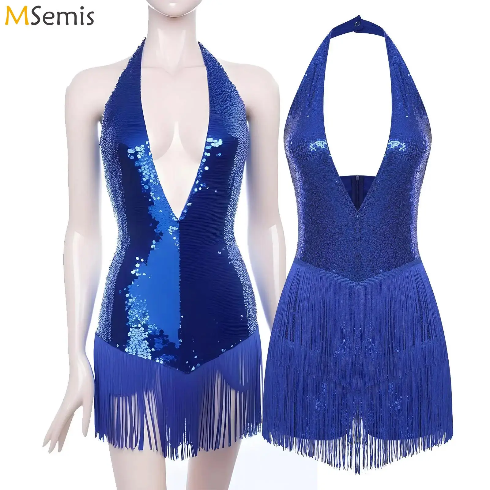 

Женский купальник с кисточками и бахромой для латинских танцев, костюм с лямкой на шее, глубокий V-образный вырез, комбинезон со стразами, платье для катания на коньках, ча-ча Самба