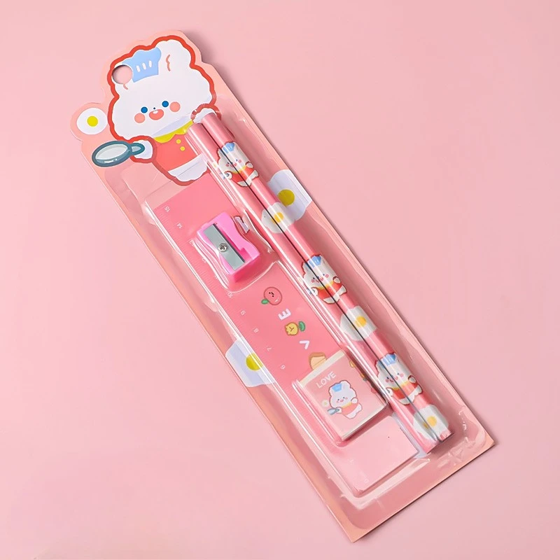 1Set Cute Cartoon Stationery Set Kid Gifts for Elementary Students Pencil Sharpener Ruler Eraser Kawaii School Supplies for Math