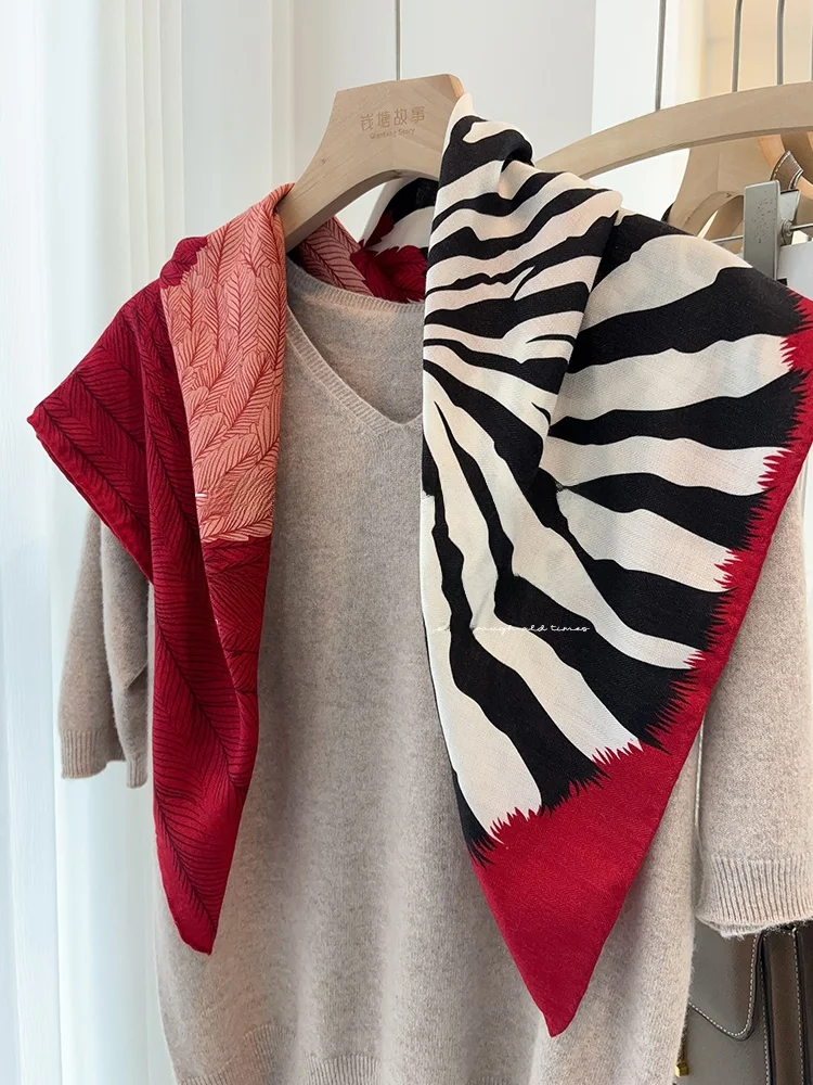 luxury-wine-red-silk-wool-scarf-women's-spring-autumn-versatile-zebra-pattern-real-silk-wool-square-scarf-awl-multifunctional