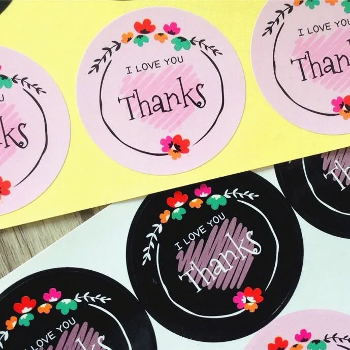 80pcs Black Pink Flower Thanks I LOVE YOU sealing label Adhesive Kraft Sticker for Baking Round Gift Stickers Funny DIY Work