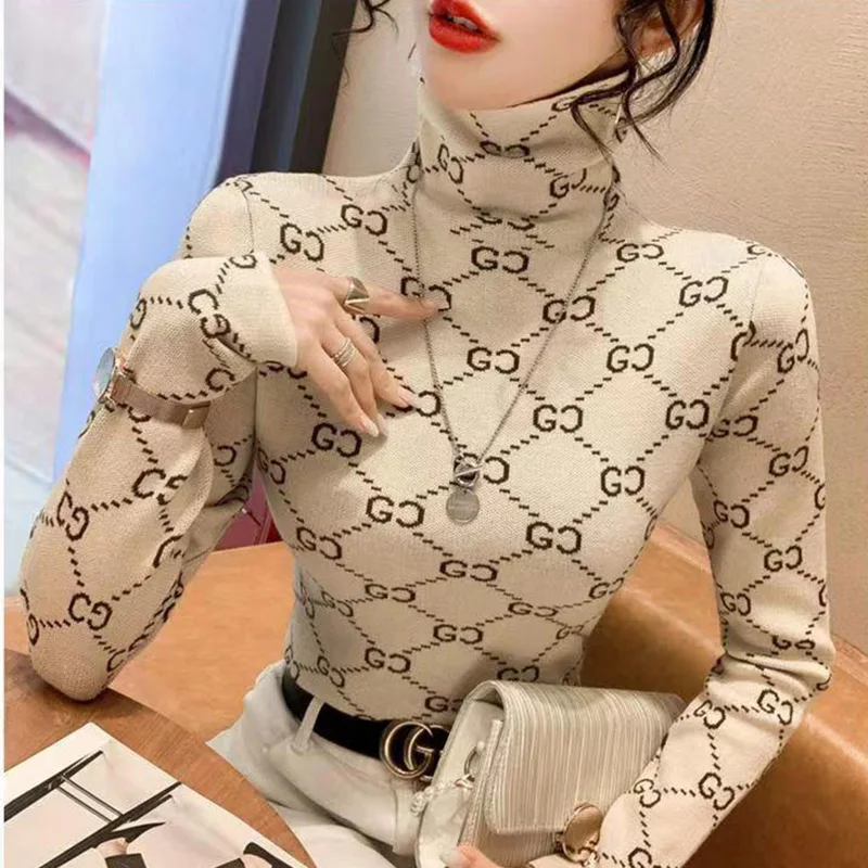 Autumn Winter High Quality Knitted Jumper Women Clothing Slim Warm Comfortable Elasticity Sweaters Chic Letter Jacquard Knitwear