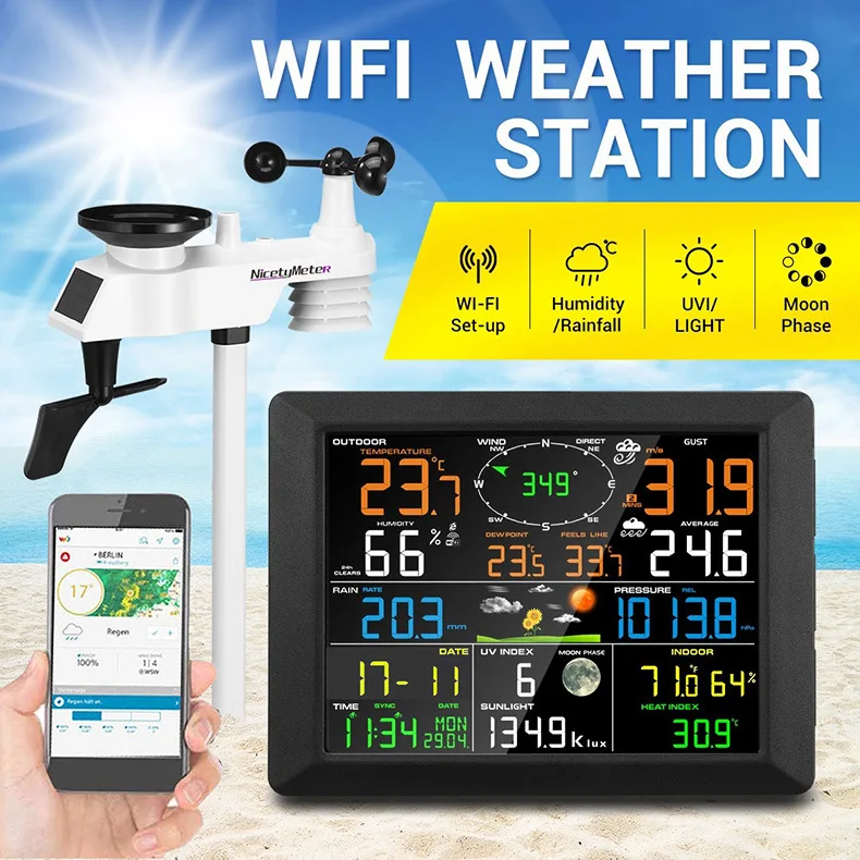 Estação meteorológica sem fio 0310-020T Tela grande WiFi Previsão do tempo Velocidade do vento Chuva Temperatura Umidade Iluminação UV