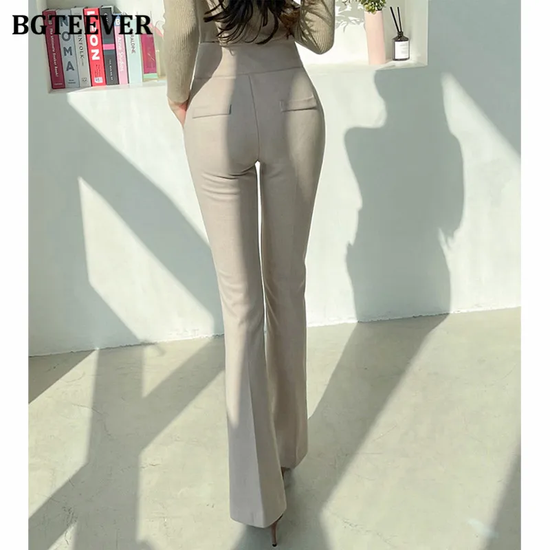 BGTEEVER Stylish High Waist Thick Ladies Flare Pants Double-buttons Autumn Winter Warm Women Woolen Pants