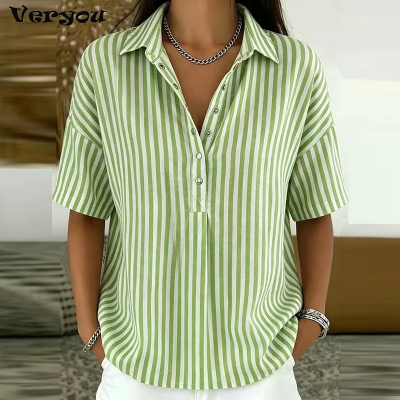 

Vintage Women Striped Printed Button Blouse Women Short Sleeve Shirt Turn Down Collar Loose Tops Summer Casual Pullovers