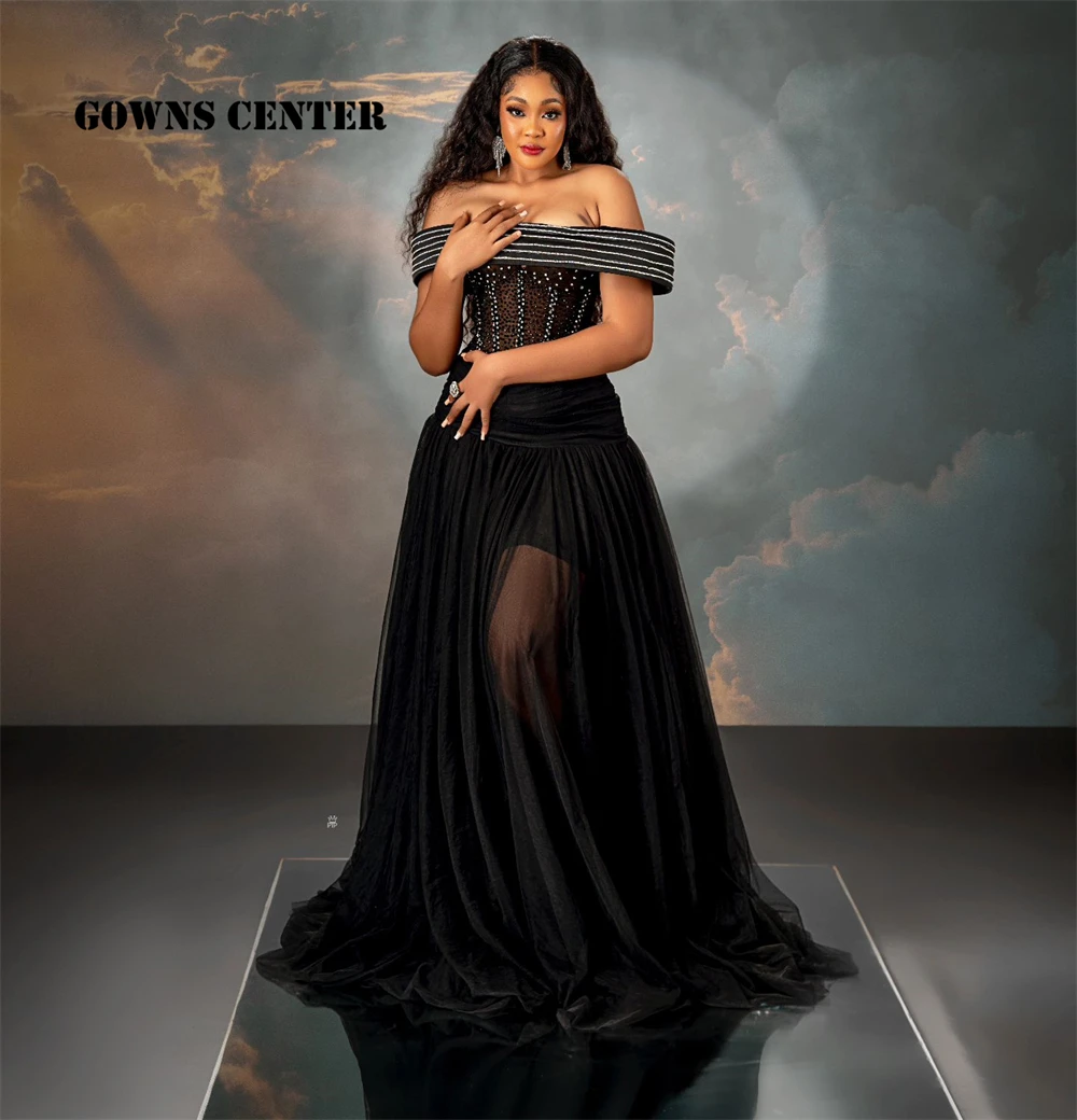Gorgeous Silver Beaded Off The Shoulder Black Aso Ebi Evening Prom Dress 2024 Stunning Sexy Birthday Party Gown Customized