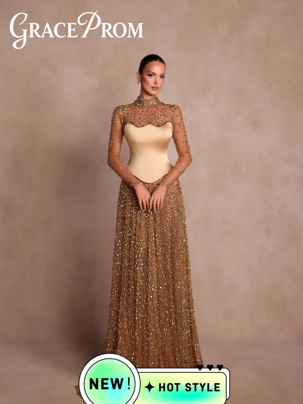 

GraceProm Dazzling Gold Evening Dress 2026 Trendy Crystal Carpet Gown Fashion A-Line Floor-Length Party Gown فساتين سهرة