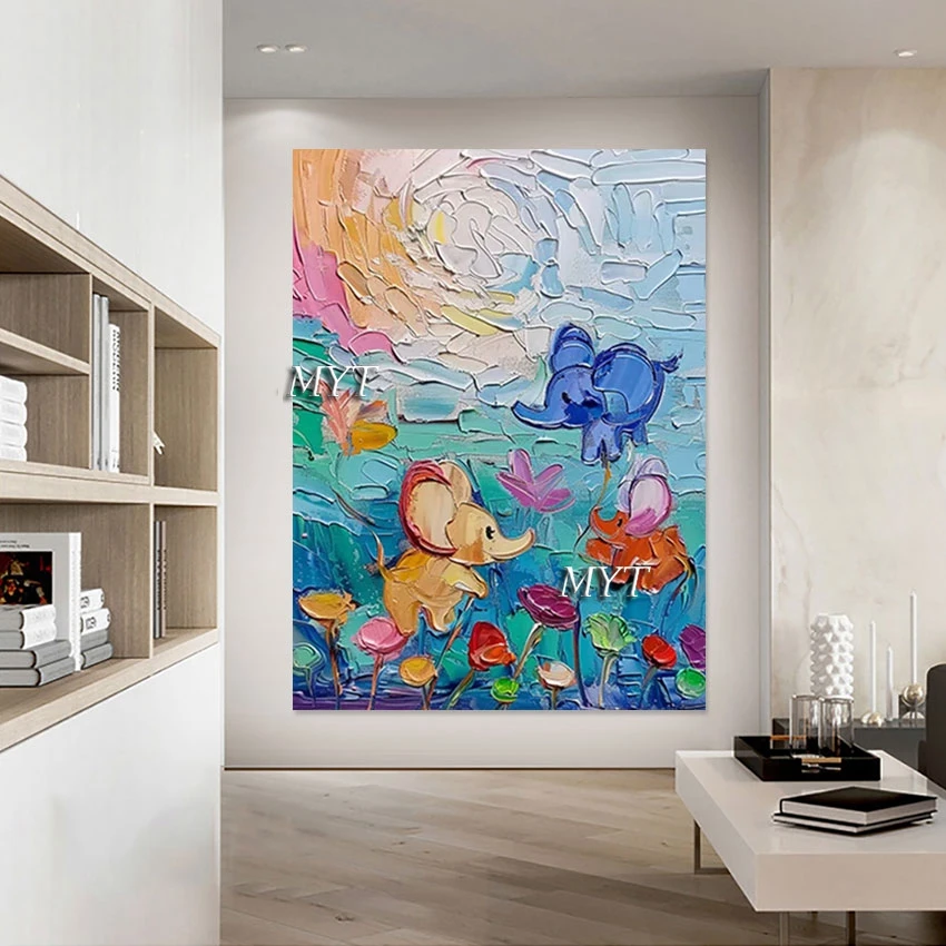 Thick Acrylic Elephant Kids Room Pictures, Modern Abstract Hand Painted Oil Painting, Canvas Art Design, Home Decor Wallpaper