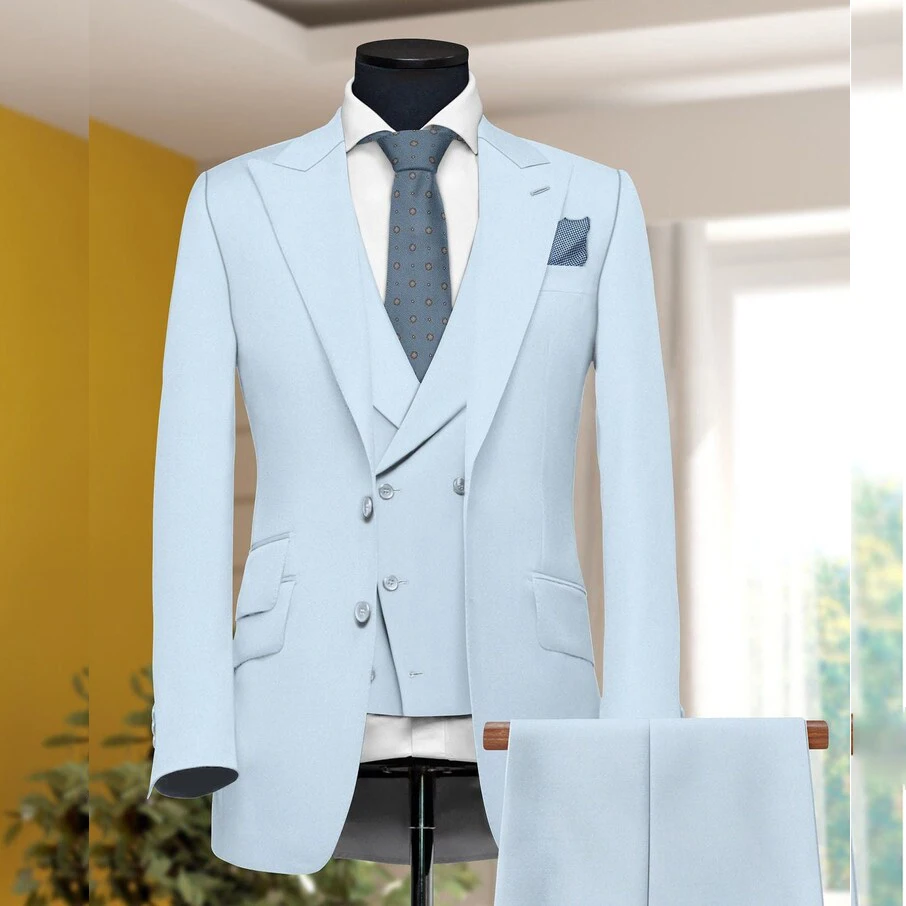 STEVDITG Elegant Sky Blue Men's Suits Flat Regular Length Peak Lapel Single Breasted Office 3 Piece Jacket Pants Vest Skinny Set