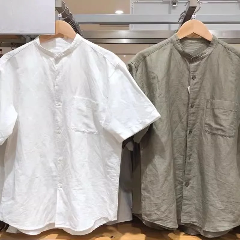 

Cotton Linen ort Sve Casual irt Stand Collar ex Summer New Sle Couple's irt Stand Fit Button Detail Waed