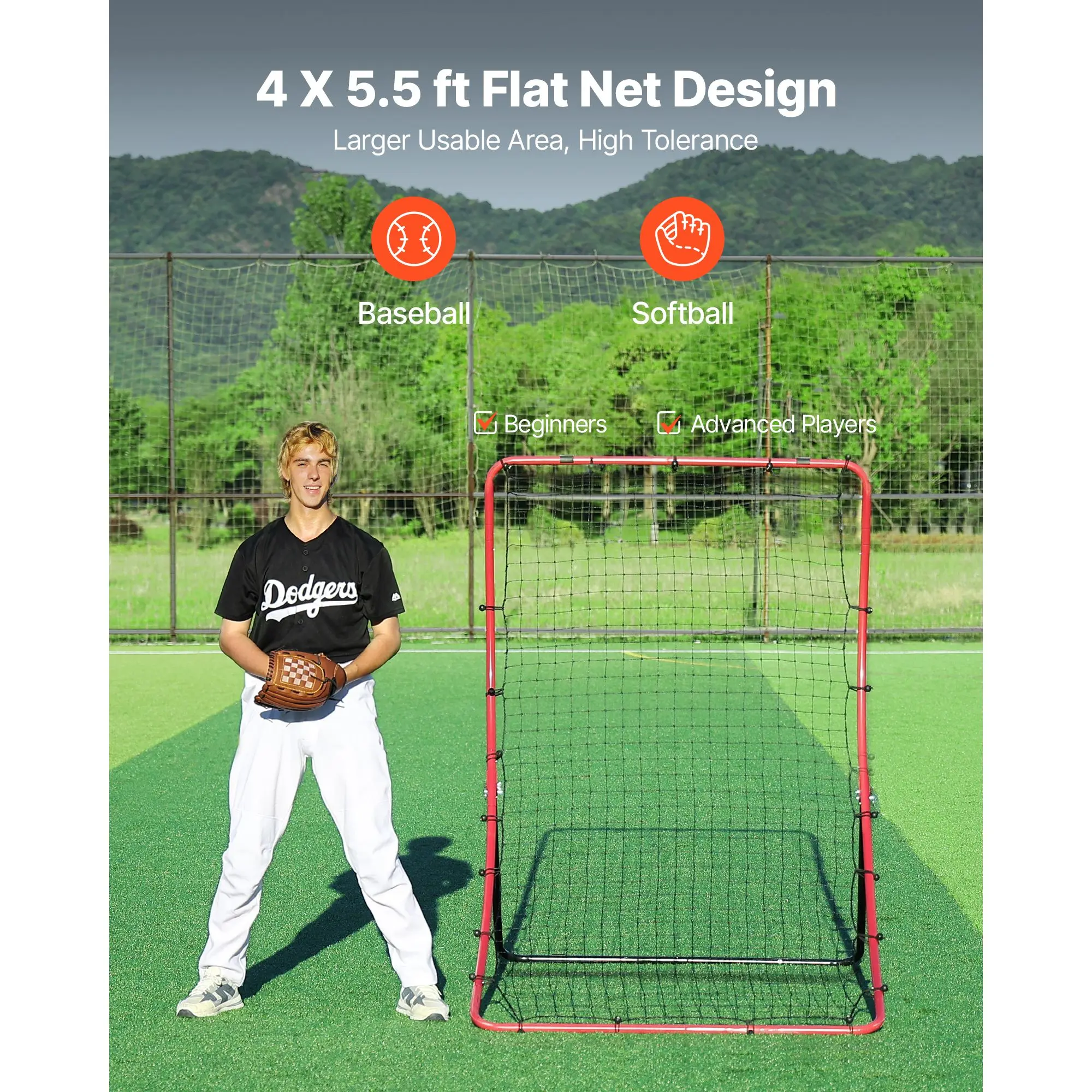 Baseball Softball Rebounder Net 4 x 5.5 ft Pitch Back Trainer, 5 Adjustable Angles, Heavy-duty Steel Frame, All Angle Bounce Back Net for Pitching & Fielding Training Aid, Return Practice