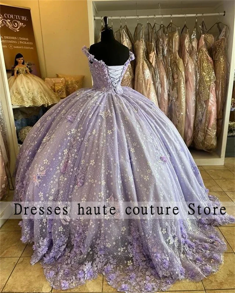 Luxury Lilac Purple Princess Ball Gown Quinceanera Dresses 2024 3D Flowers Appliques Rhinestones Luxury Vestidos De 15 Años