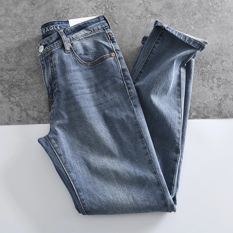 

Slim Fit Casual Washed Denim Jeans Men's Spring Summer Fashion Straight Leg Long Pants mid High Waist Zipper Youth Trend