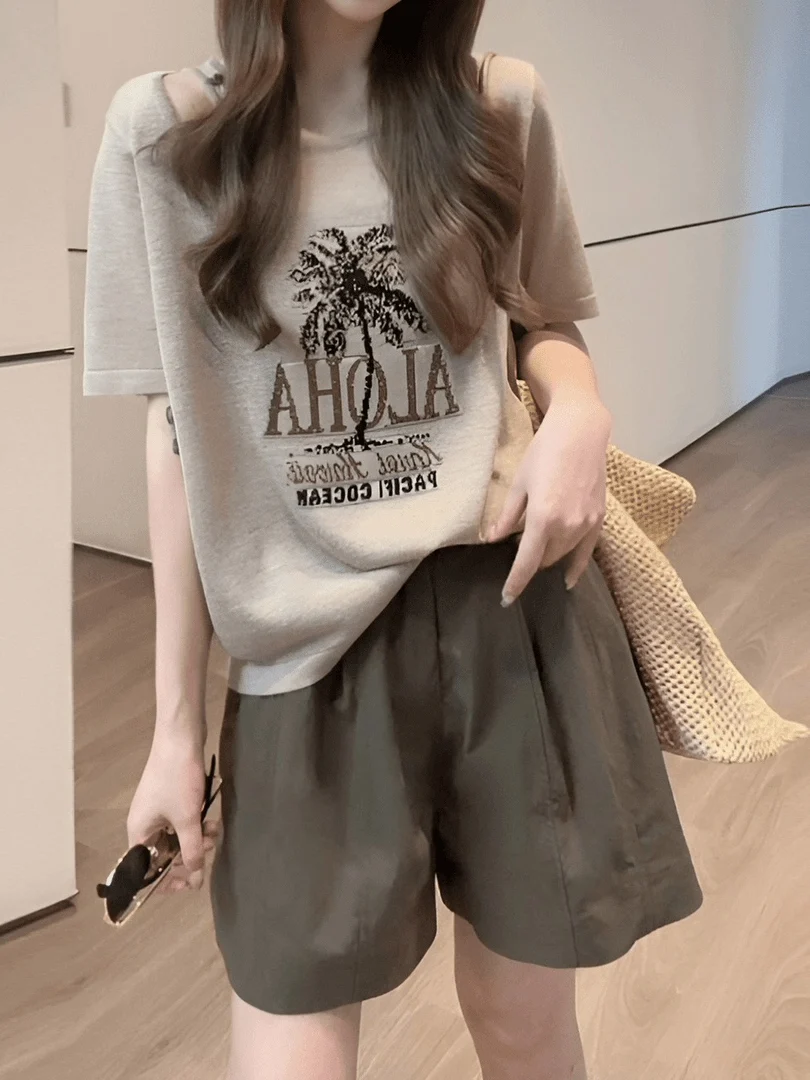

Loose Comfortable Women's Summer Set High Waist Short Pants Short Sleeve Letter Print Top And Bottoms Two-Piece Ensemble
