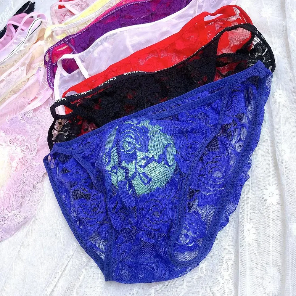 Men 1pc Random Color Briefs Shorts Lace Sheer U Convex Pouch G String Bikini Thongs Low Waist Lightweight Underpants
