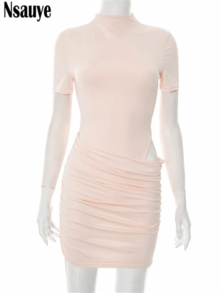 Nsauye Women Short Sleeve Sexy Fashion Night Club Dress Evening Party Hollow Out Turtleneck Y2K Casual Basic T Shirt Dress 2025