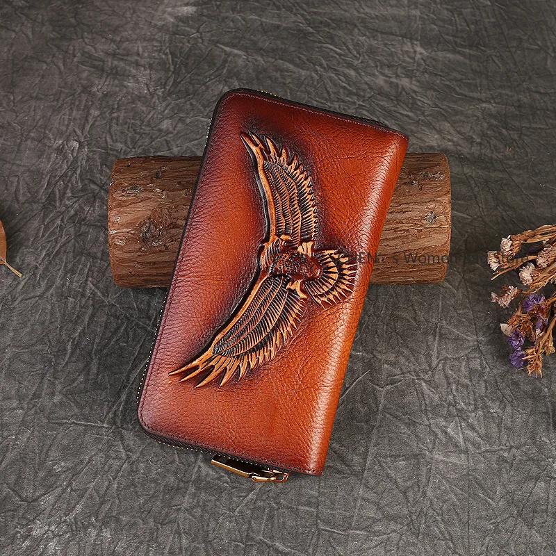 

Кошелек из натуральной кожи для мужчин и женщин, большой вместительный тисненый двойной кошелек для монет с застежкой-молнией, RFID-держатель для карт, сумка на молнии