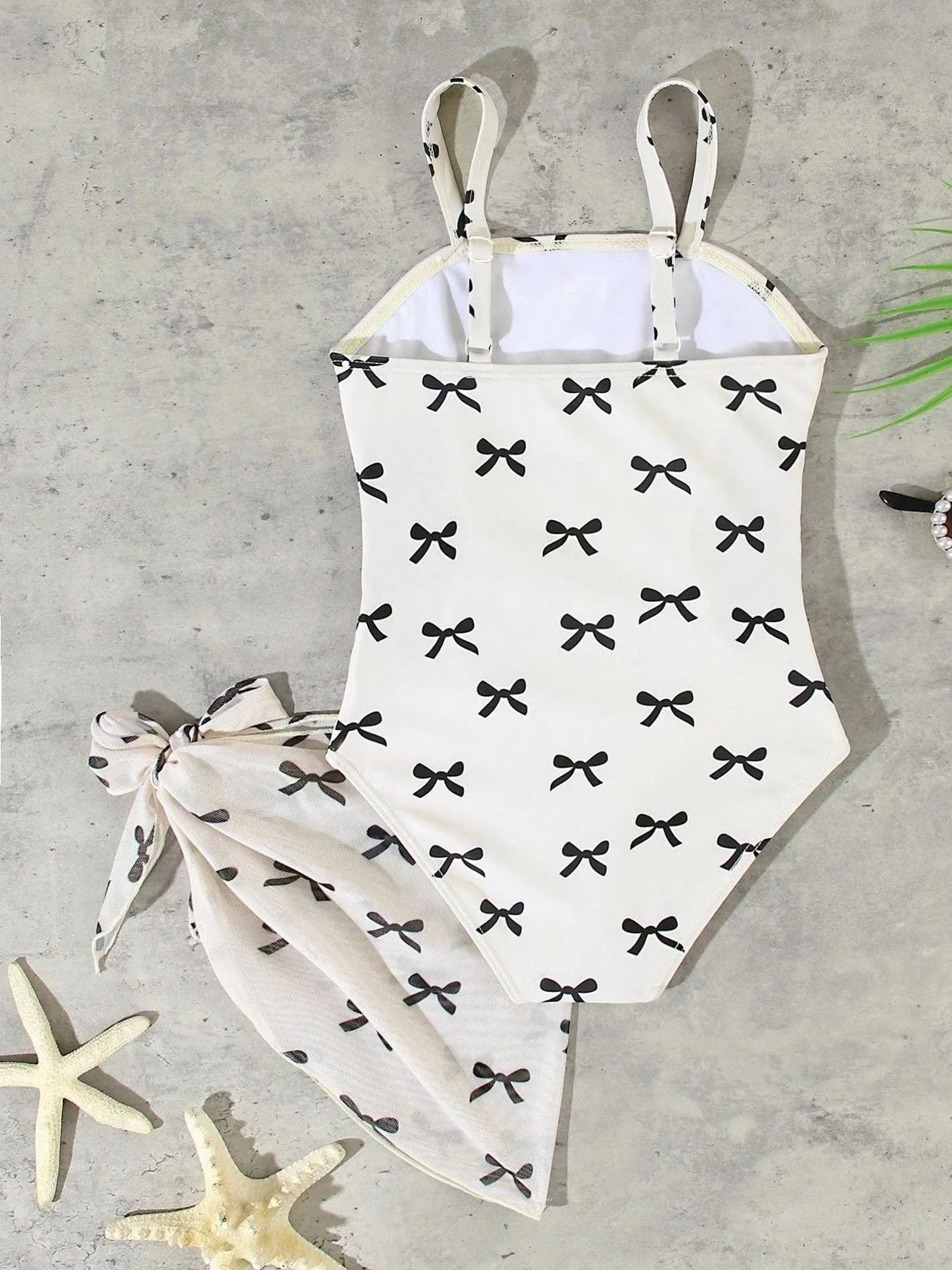 Kids Girls 2-Piece Bow Print Cutout One-Piece Swimsuit with Mesh Cover-Up Skirt Beachwear Set