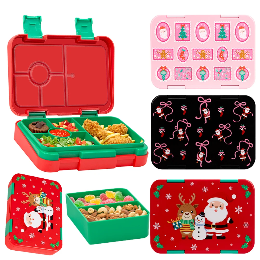 810 ml Weihnachts-Lunchbox mit 5 Fächern, tragbar, groß, Cartoon-Separate Bento-Box, auslaufsicher, für Schulpicknicks