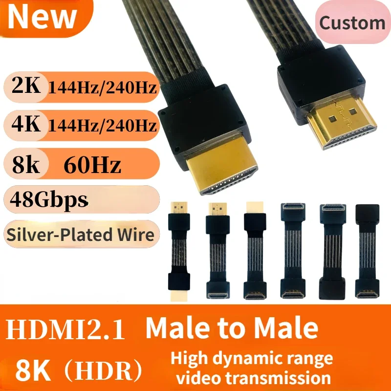 Brand New HDMI 2.1 Male to Male Built-in Flat Thin Video Extension Cable HD2.1 Supports 2K/240hz 4K/144Hz 8K/60Hz 48Gbps 0.1m-3m