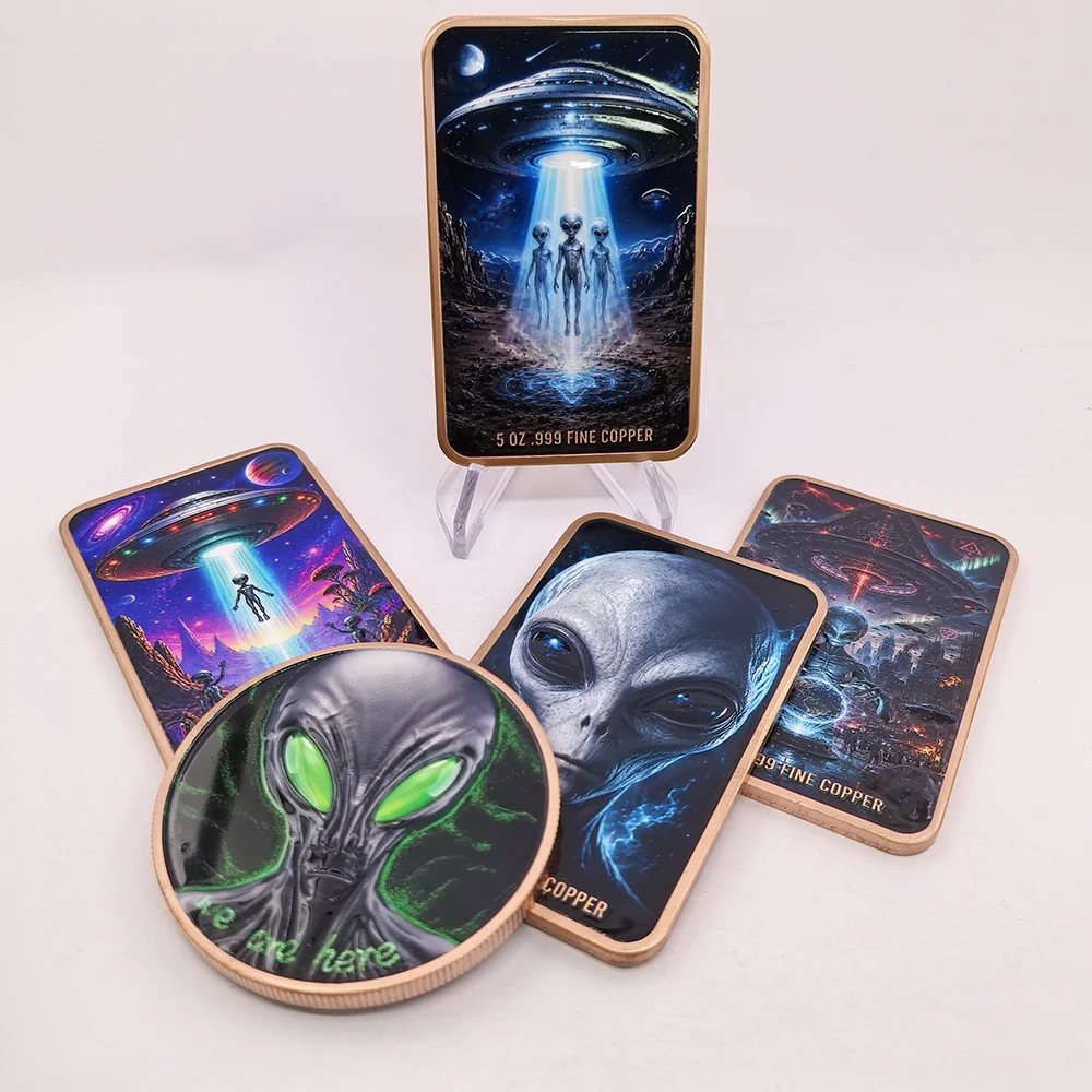 5 OZ .999 Fine Copper Outer Space Extraterrestrial Alien UFO Commemorative Bar & Coin Flying Saucer Sci-Fi Art Collectible Gift