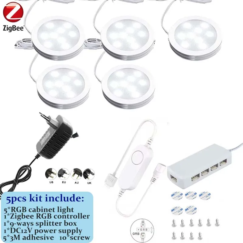 DC12V Tuya Zigbee LED Ronde Onder Kast Licht Kit RGB Kleurverandering Dimmen voor Keuken Plank, Spraakbesturing Google Alexa Echo