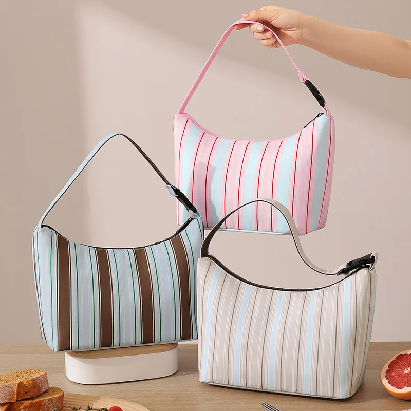 Striped Insulated Lunch Tote Bag for Women, Large Capacity Thermal Bento Box Cooler, Portable Handheld Food Storage Handbag