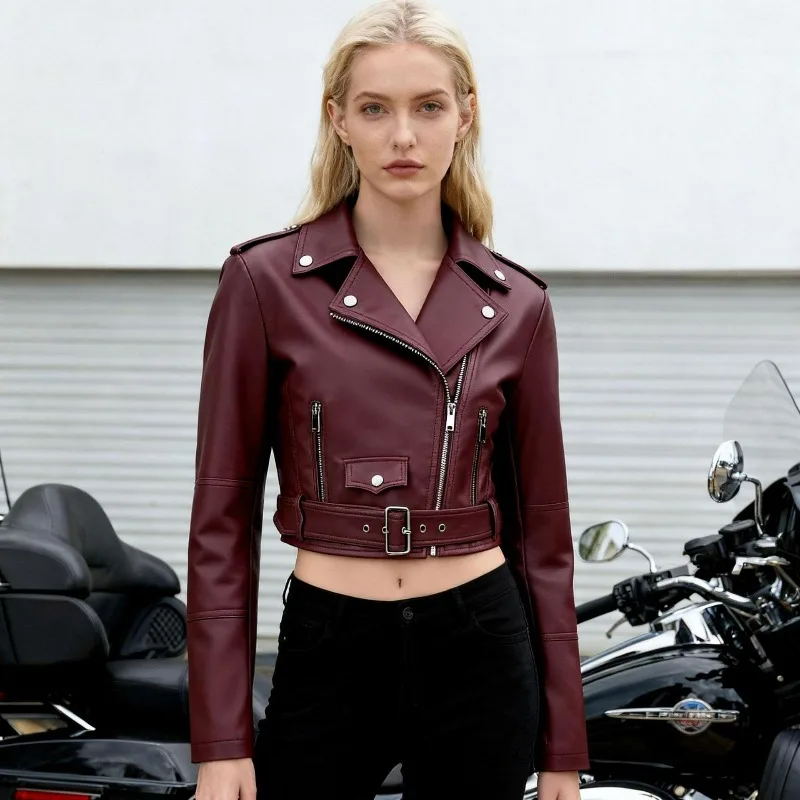 Women's Cross Border PU Leather Jacket Women Short with Collar and Belt Zipper Front Coat Leather Jacket Fashionable and Simple