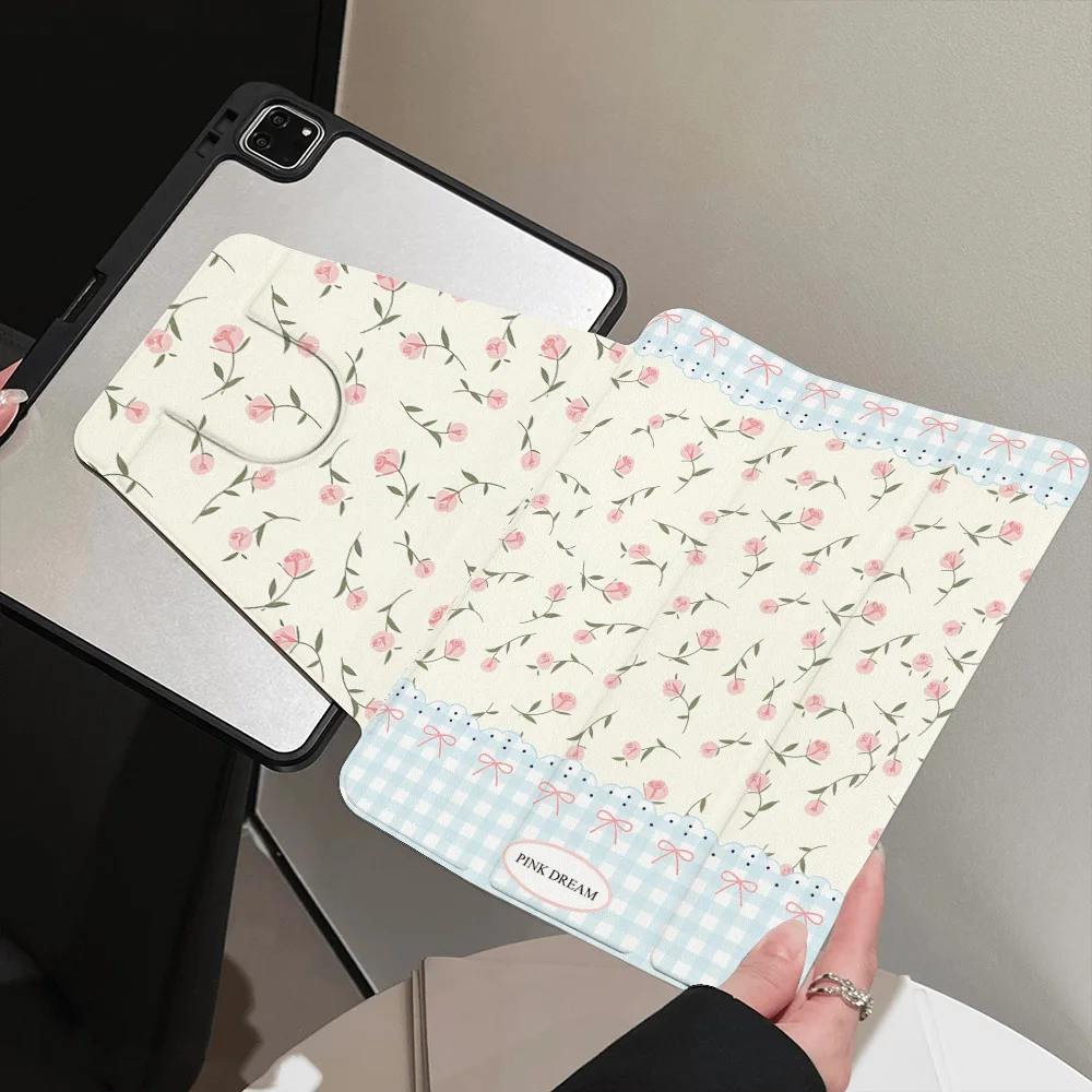 Cute Blue Gingham Bow Pink Rose Style 360°Rotating Design Case for Apple iPad Mini 6 7 Pro 12.9 2019/2020/2021 Air 1 2 13 Shell