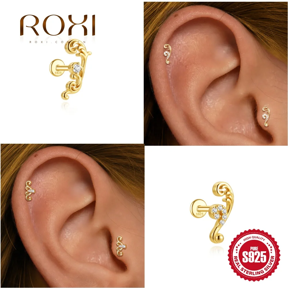 ROXI 1PC Gold S925 Silver Scroll CZ Cartilage Stud Vintage Curve Tragus Piercing Ins Dainty Earring Daily Wear