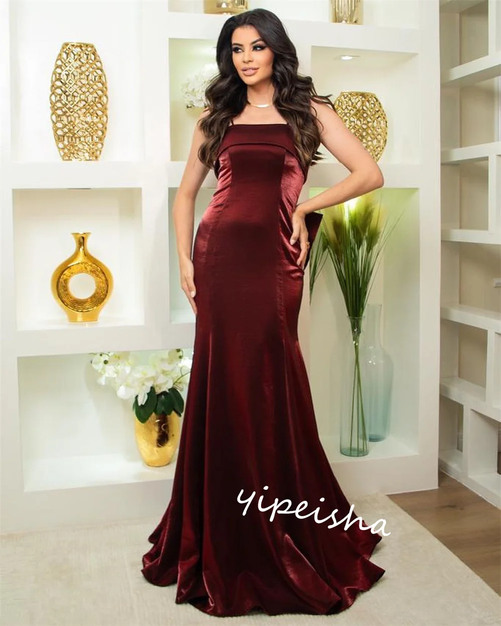 Velour Draped Bow Formal Evening A-line Spaghetti Strap Bespoke Occasion Gown Long Dresses