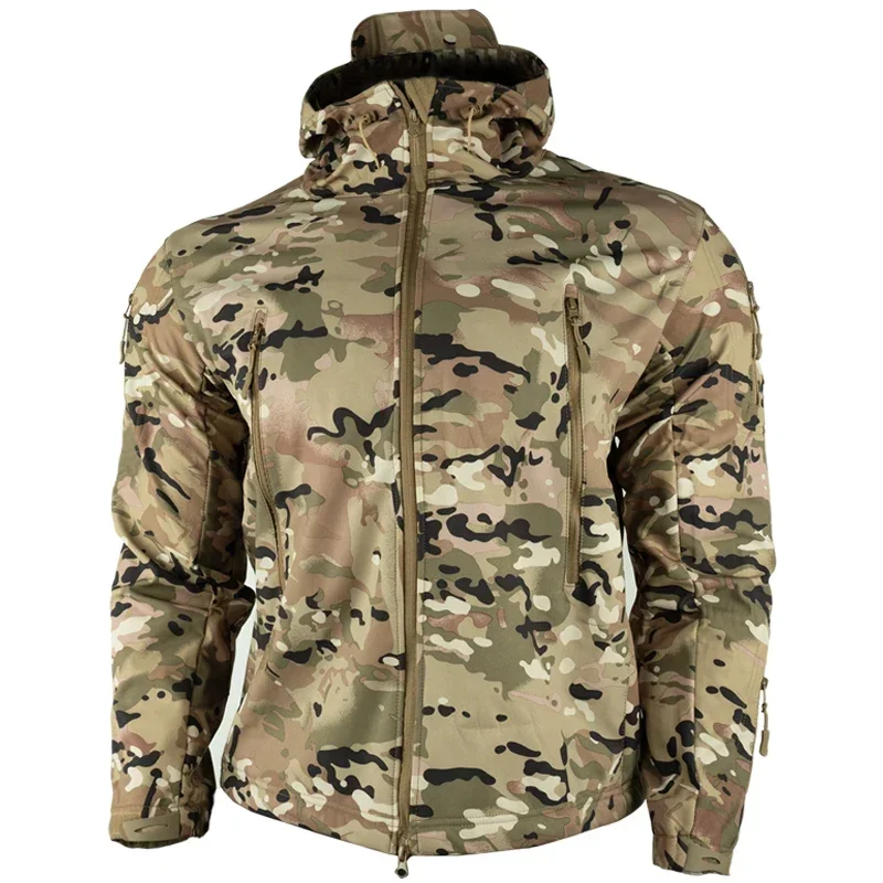 Heren Cp Camouflage Fleece Duikpak Waterdicht Softshell Winddicht Winter Capuchon Jack Jachtpak Windjack