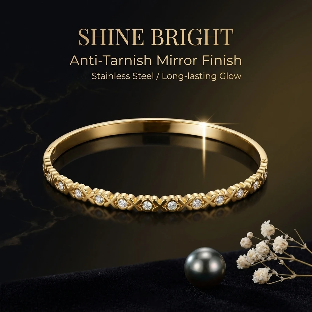 JP One Goldfarbenes Snap-on Zirkon-Armreif, Edelstahl-Armband für Damen, Modeschmuck Geschenk