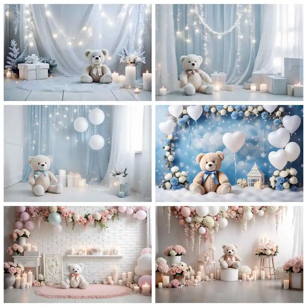 

MOON.QG Blue Pink Boys Girls First Birthday Party Backdrop Teddy Bear Heart Balloon Flower Background Children's Photocall Props