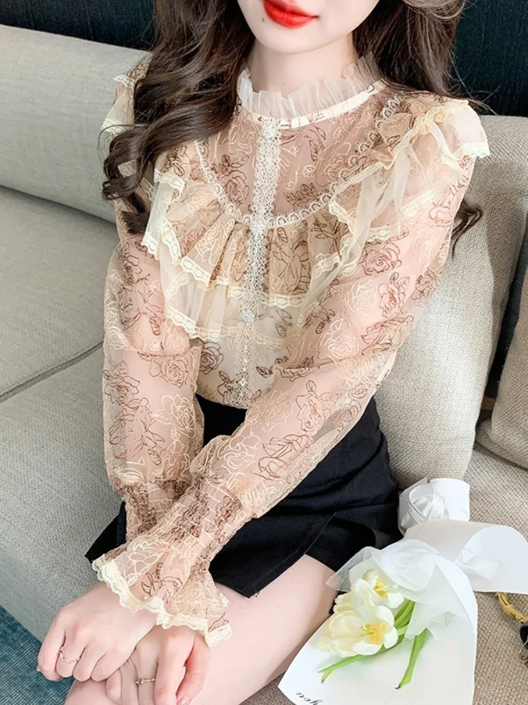 Elegant Lace Pearl Sweet Chiffon Shirt Womens 2024 New Fashion Fairy Blouses Puff Sleeve Rose Print Tops Mujer Blusas