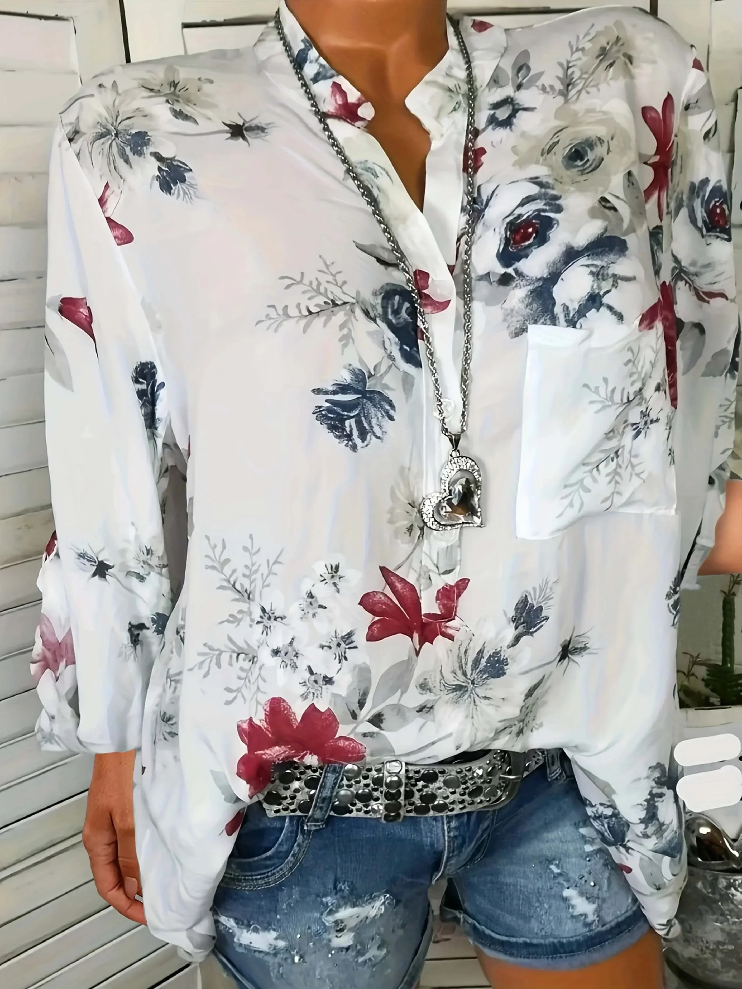 

Plus Size 1XL-5XL Summer Women's Fashion V-neck Pull-up Long Sleeved Printed Shirt Casual Standing Collar Blouse