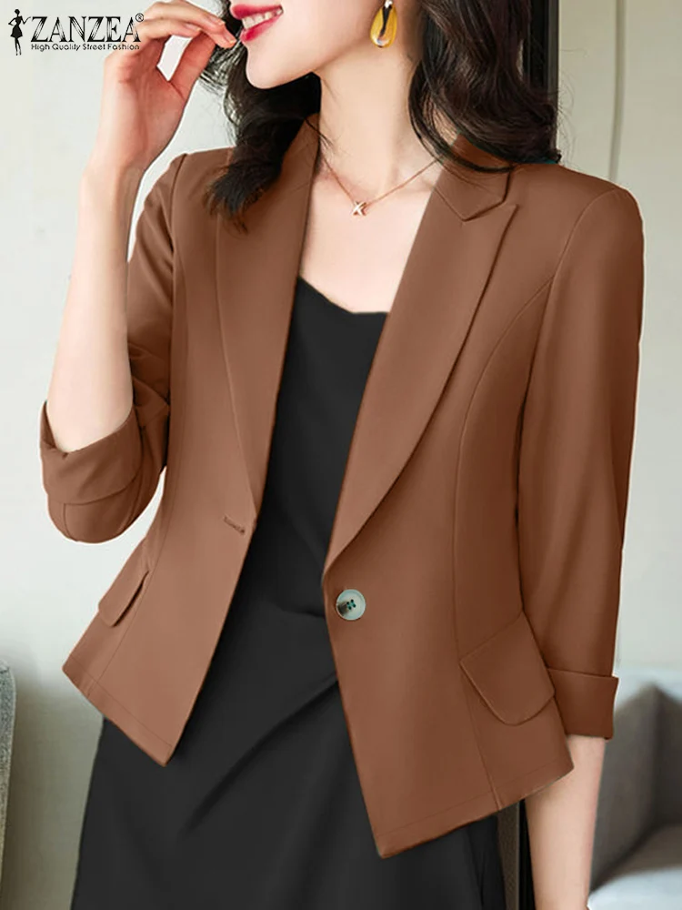 ZANZEA Office Lady Lapel Neck Blazer Trendy 2025 Spring Solid Color Women Casual Blazer Elegant 3/4 Sleeve Commute Suit Coats